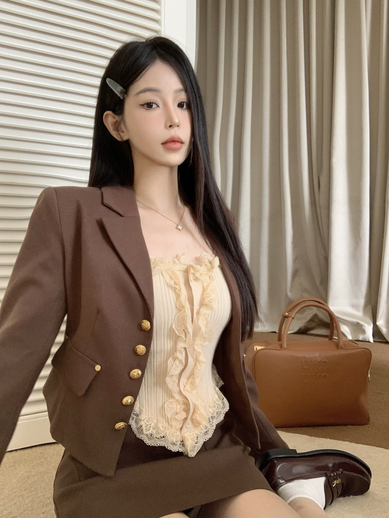 實拍~ 秋季美拉德復古學院收腰正肩西裝呢外套半身裙套裝