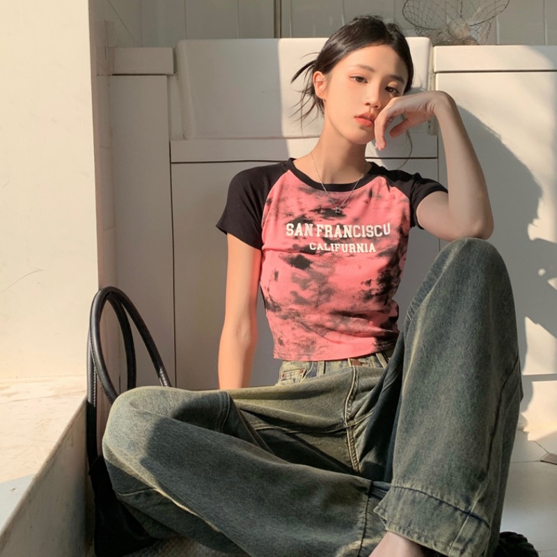 已出貨 插短袖T恤女正肩別致扎染美式甜辣上衣套頭插肩袖夏季圓領