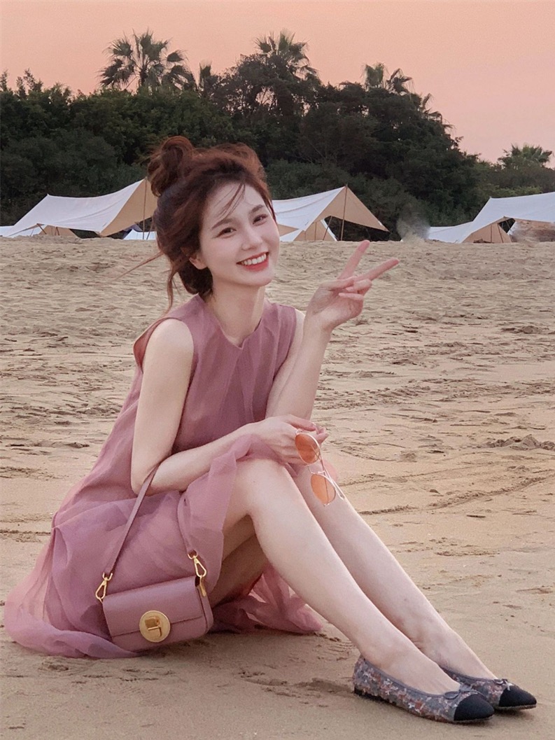 新款夏季法式小個子歐根紗粉色仙女薄款無袖小眾清新裙子