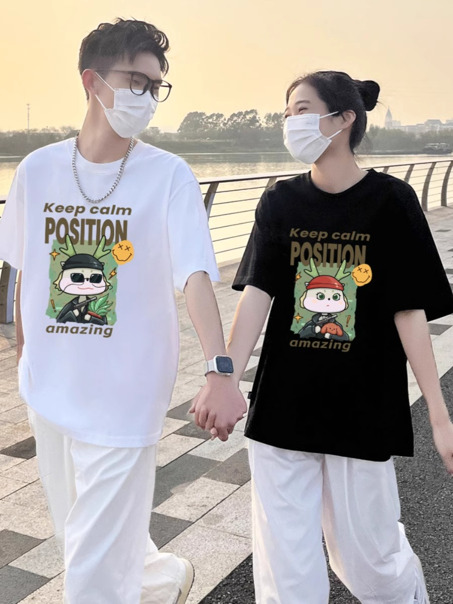 夏季短袖高級感2024新款一男一女很仙的情侶裝T恤小眾設計感衣服