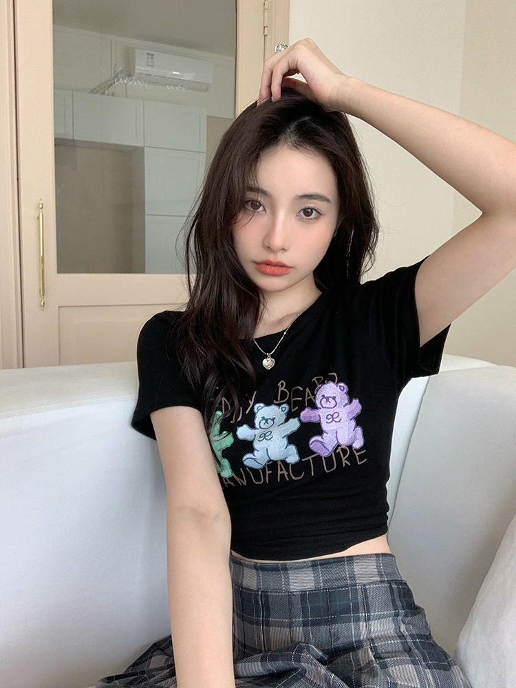 可愛小熊短袖t恤女夏設計感小眾甜酷辣妹風緊身短款bm上衣
