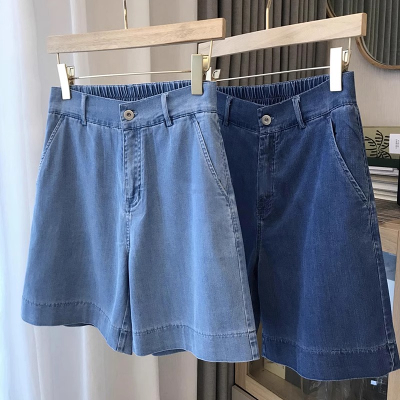 Pear-shaped figure high-waist Tencel five-point wide-leg jeans for women summer thin fat sister retro casual hot pants shorts