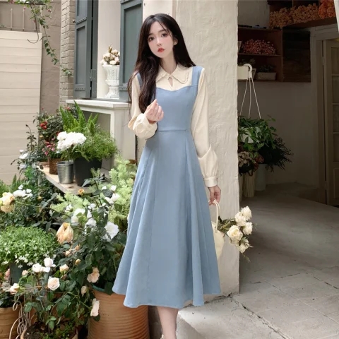 大碼春女裝法式翻領假兩件撞色2024連衣裙氣質潮高級感仙女裙