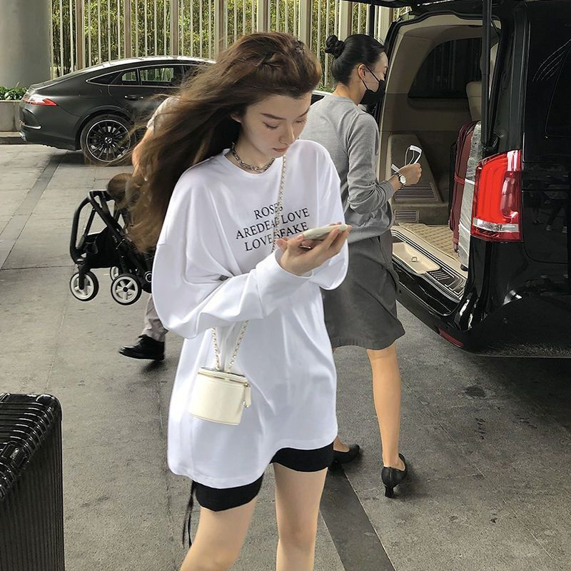 質量後包邊純棉短袖T恤女2024年寬鬆上衣中長款打底衫潮