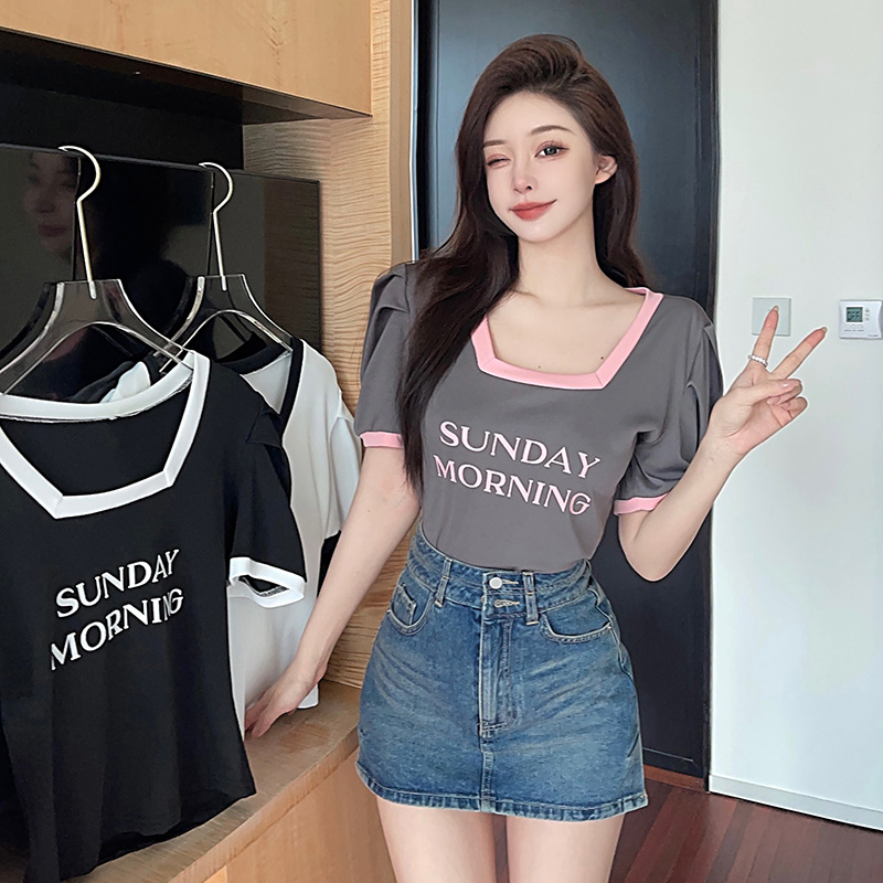 實拍韓版方領短袖T恤女夏季新泡泡袖百搭印花寬鬆修身顯瘦上衣