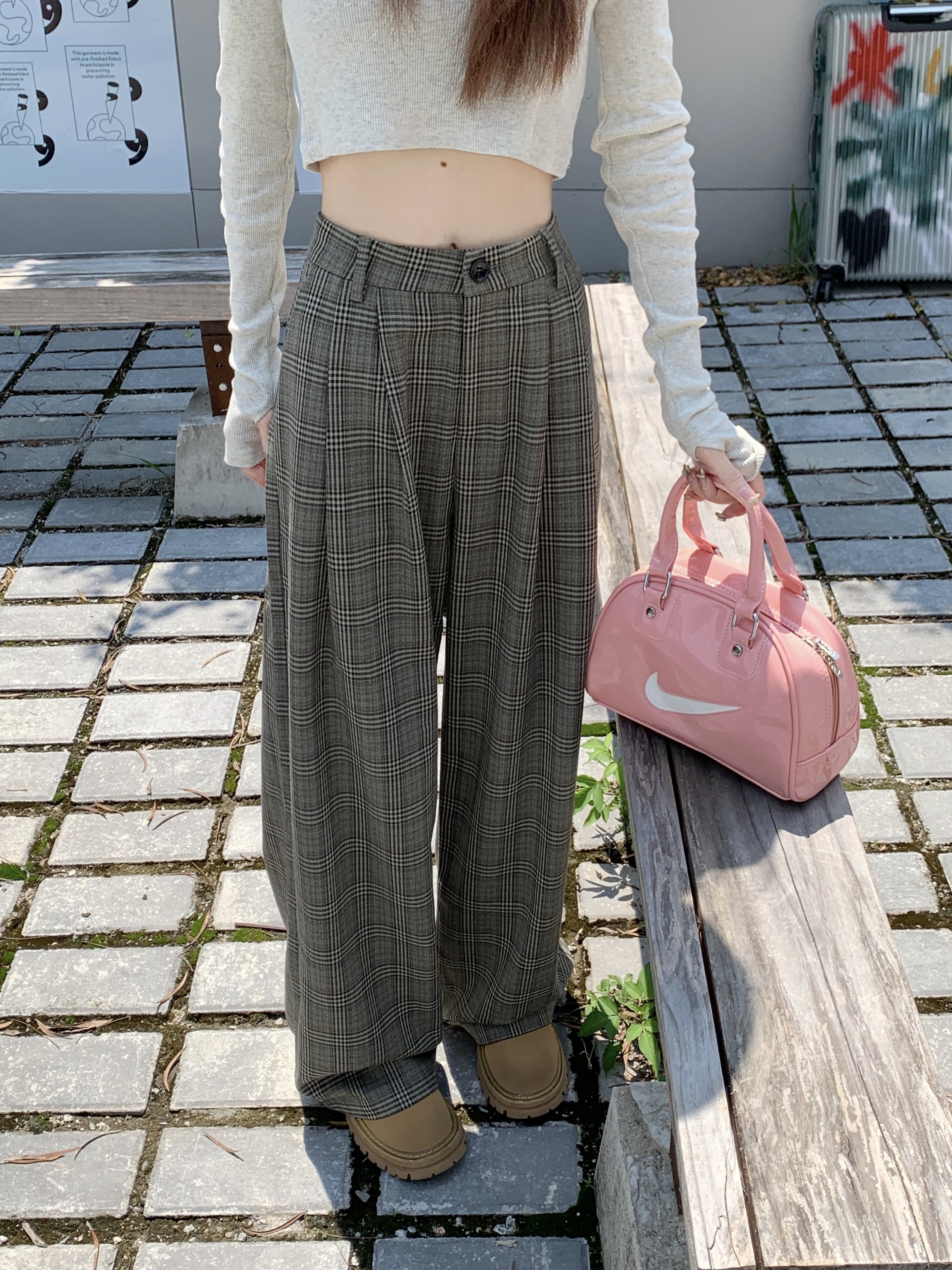 實拍 秋季顯瘦格子闊腿褲新款高腰休閒寬鬆直筒褲長褲女