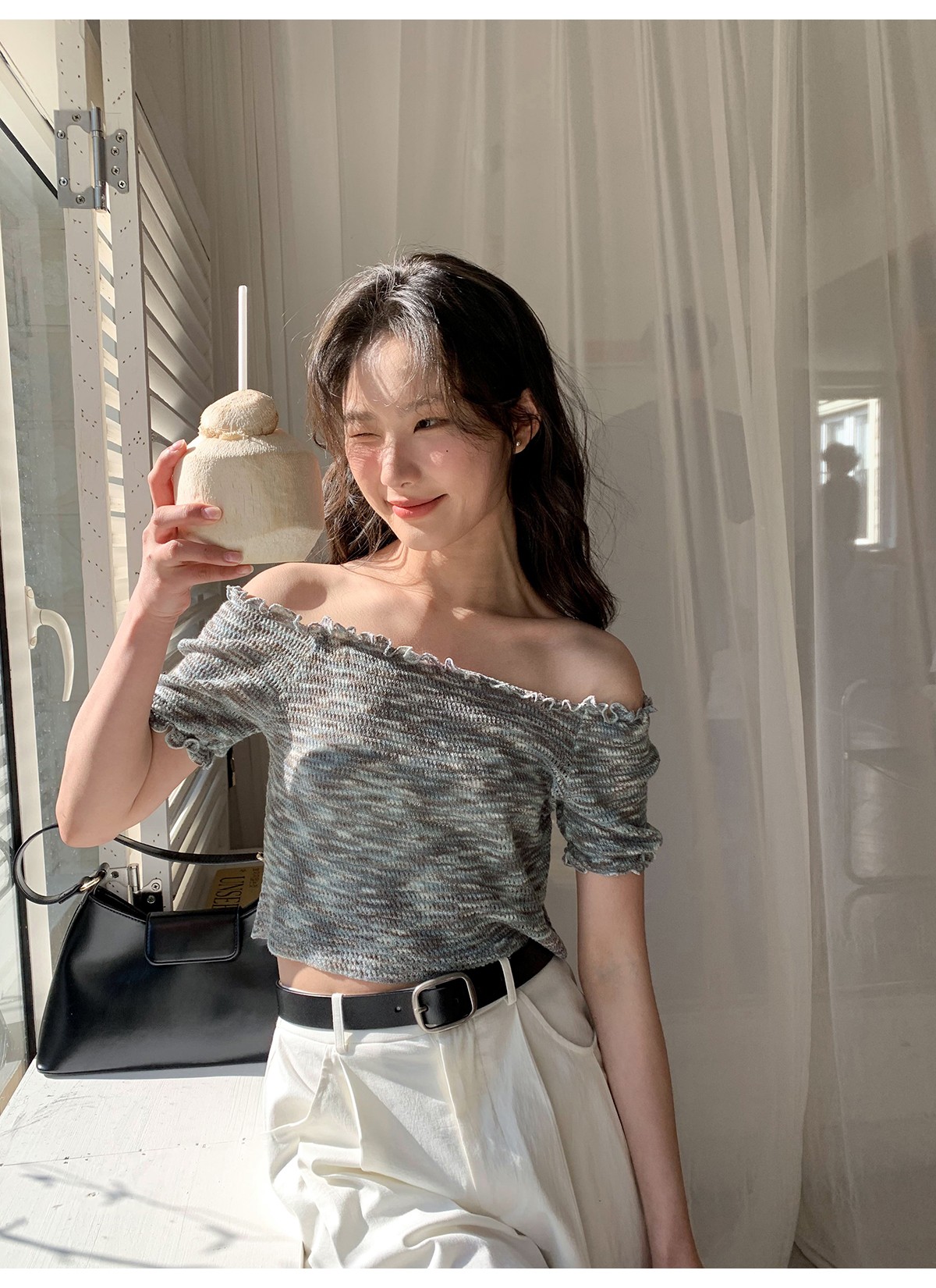 法式木耳邊一字肩短袖針織衫女春夏季甜辣別致小上衣短款顯瘦小衫