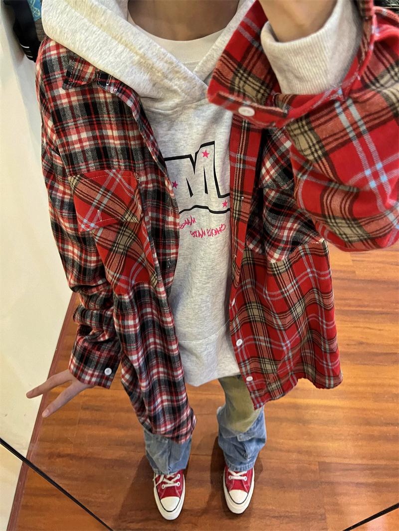 2024春季美式寬鬆復古拼接格子襯衫長袖休閒外套女