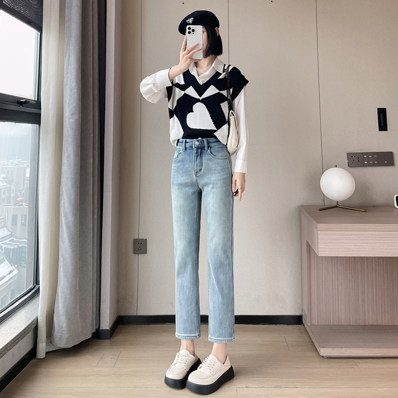 實拍2024早春時尚潮流直筒復古牛仔褲女