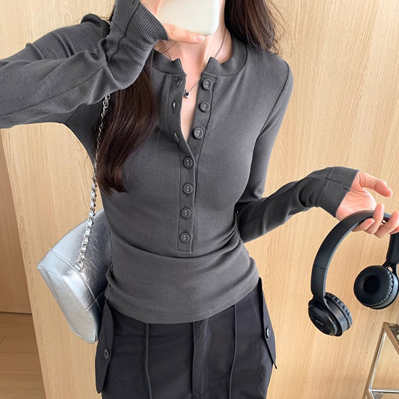 高級感t恤女獨特半開領上衣春秋緊身辣妹長袖打底衫內搭