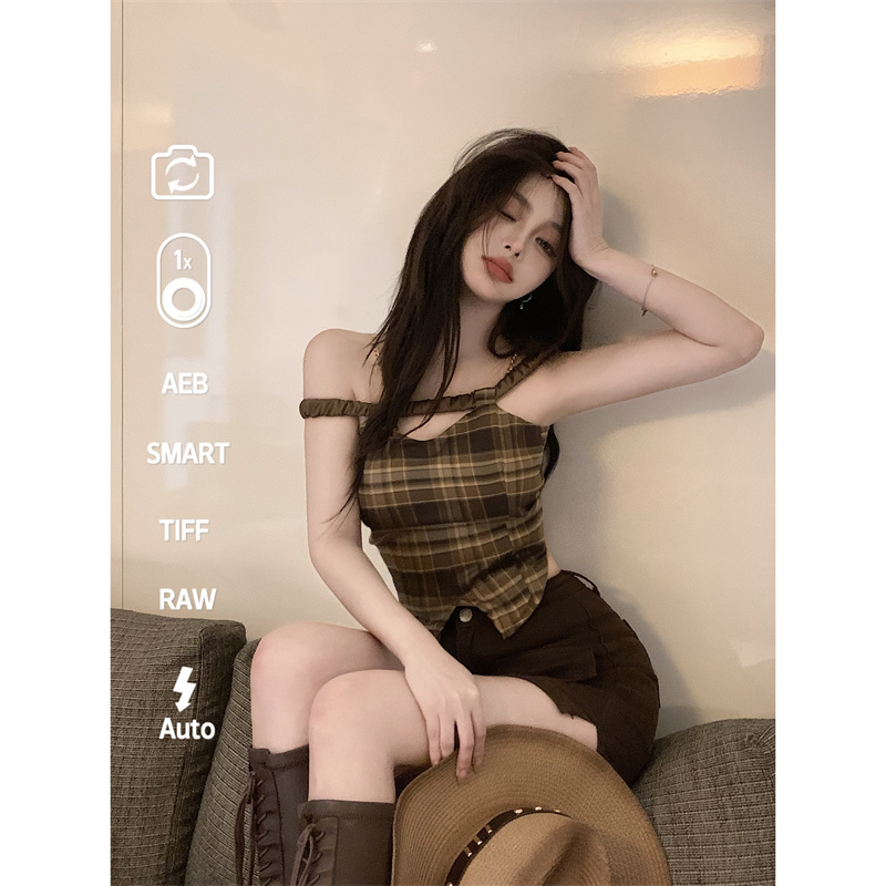 實拍     美式復古辣妹抹胸格子吊帶背心
