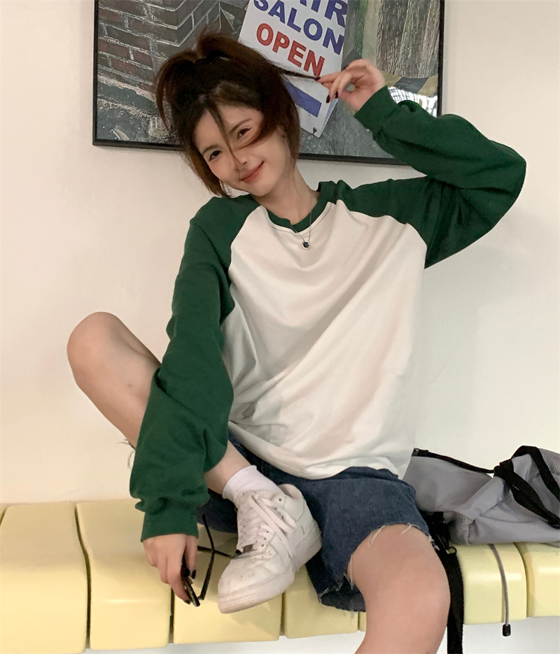 實拍~春季新款復古美式撞色拼接插肩長袖薄款寬鬆休閒打底衫