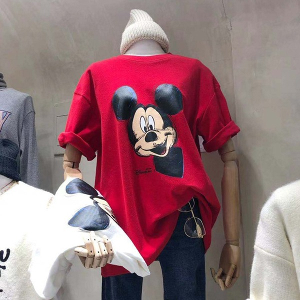 港風短袖T恤ins寬鬆簡約米奇卡通印花上衣