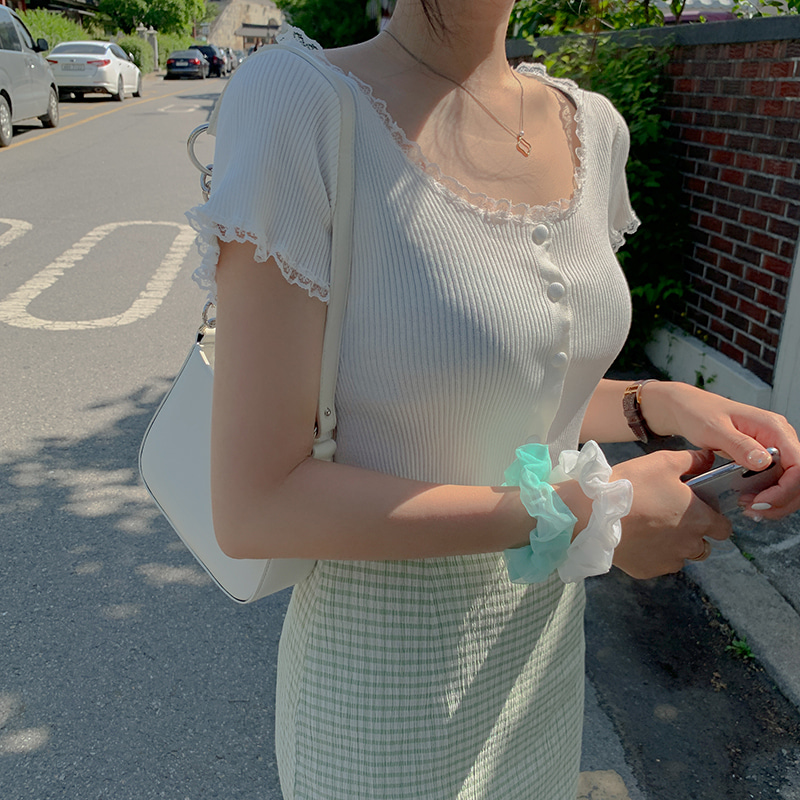 法式方領針織打底衫女夏季短袖蕾絲邊性感開衫酒紅色短款露腰上衣