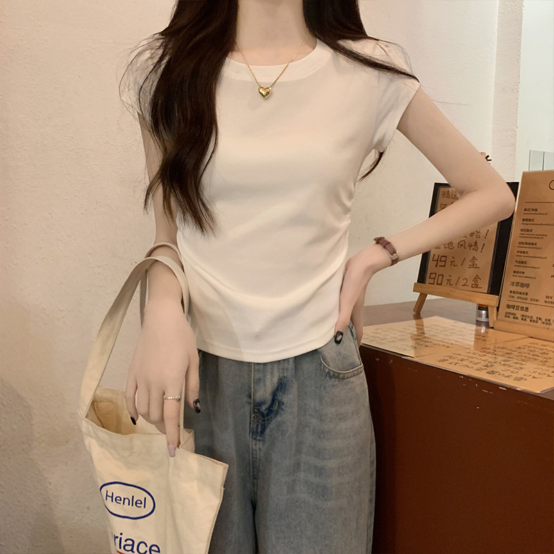 Real shot of right-shoulder pure cotton short-sleeved T-shirt for women in summer, tight-fitting and slimming hot girl pleated short top