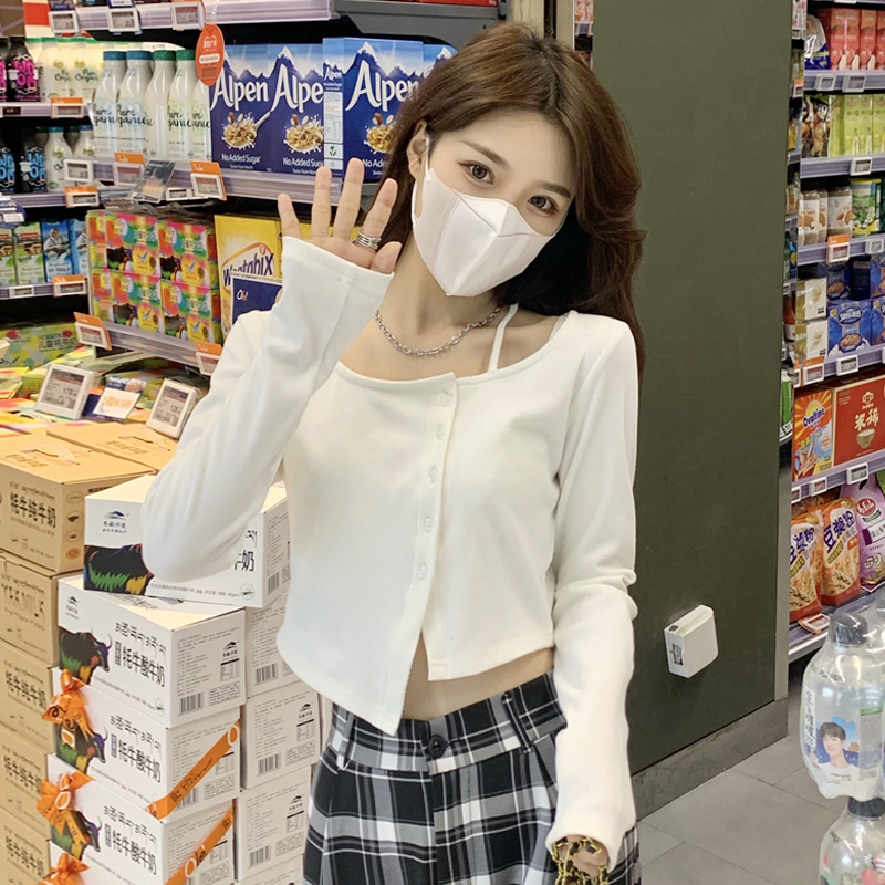已出貨 辣妹不規則短款上衣女裝春秋季新款設計感顯瘦長袖T恤