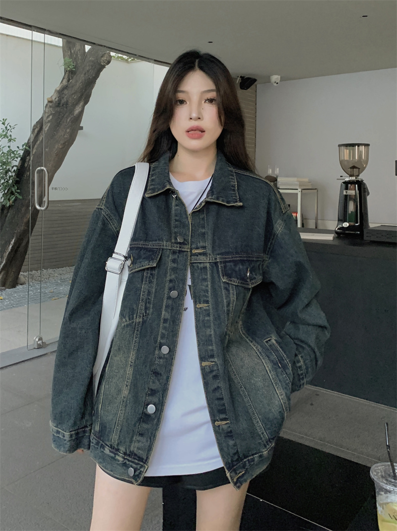 Vintage Streetwear Branded Distressed Wash Denim Jacket for Women - Loose Fit Casual Long Sleeve Top