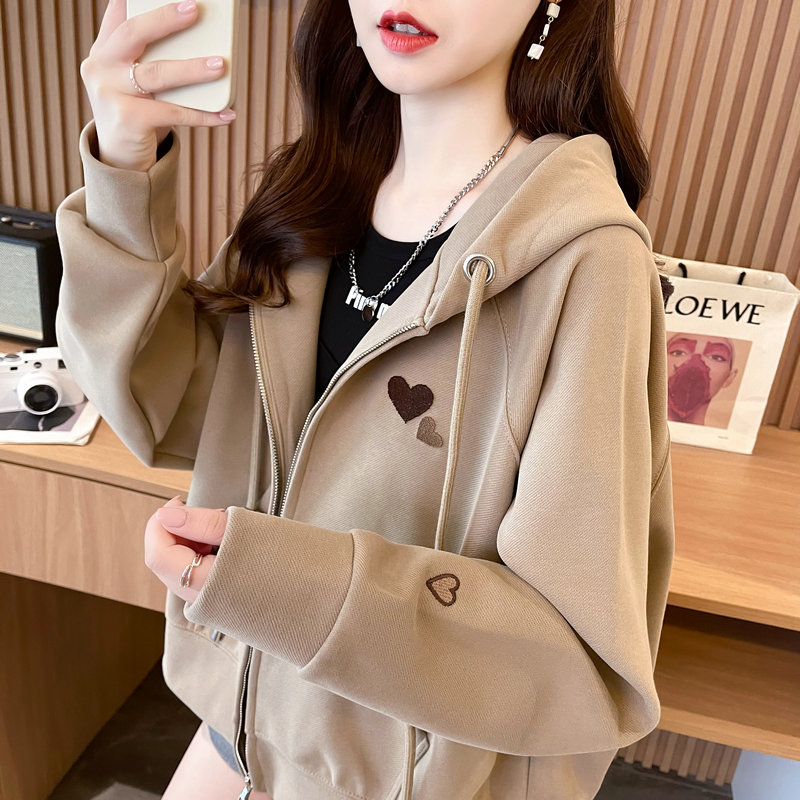 Real shot 2024 spring new Korean style 320g loose hooded love embroidered zipper cardigan thin jacket for women