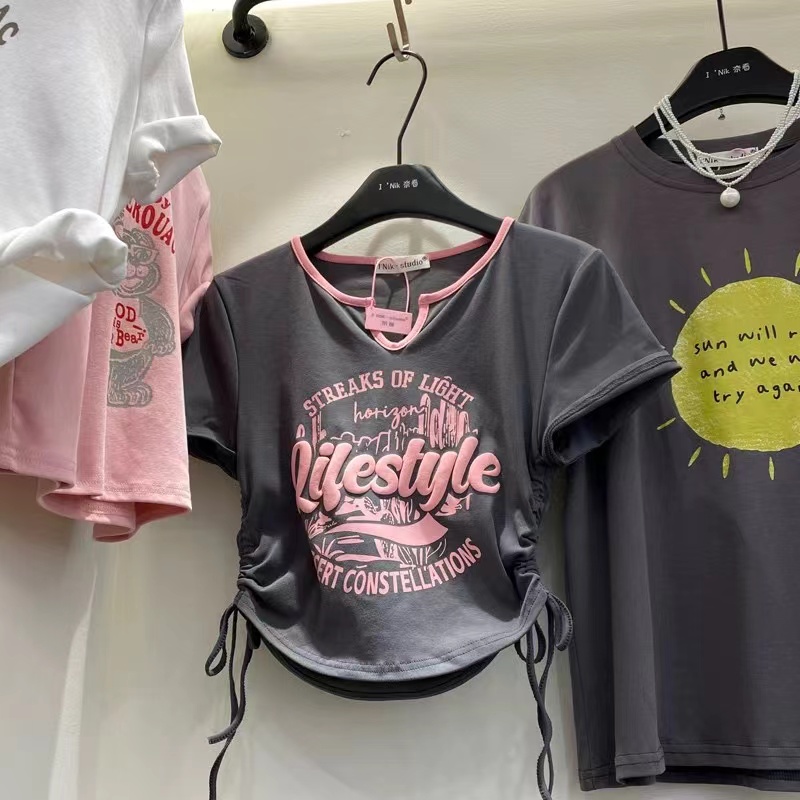 韓國東大門夏季新款短款字母測邊抽繩V領緊身彈力短袖T恤上衣女潮