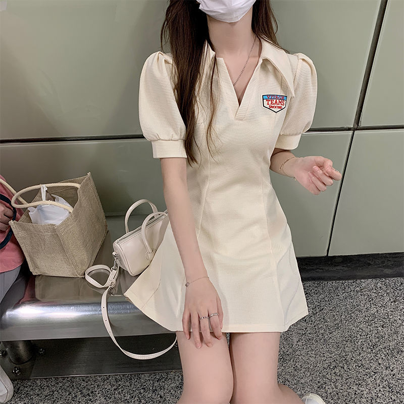 華夫格polo領連衣裙女夏季新款字母甜辣收腰顯瘦短袖A字裙學院