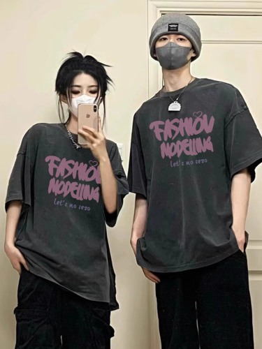 Summer and Autumn American Retro Washed Couple Outfit Set 2024 Style Clothes High-end Internet Celebrity Niche Short-Sleeved T-Shirt