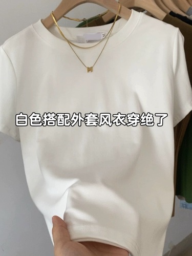 正肩短袖t恤女夏2024新款设计感小众纯白内搭小个子白色纯棉上衣