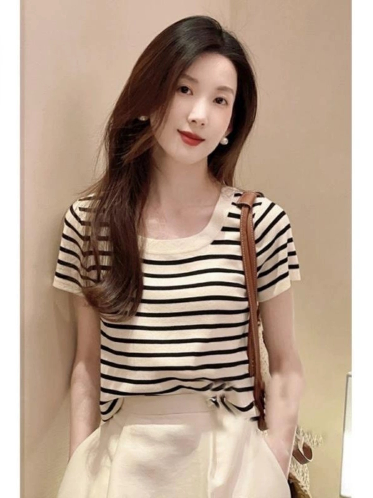 冰絲條紋t恤短袖女夏季新款設計感方領針織薄款法式短款外穿上衣