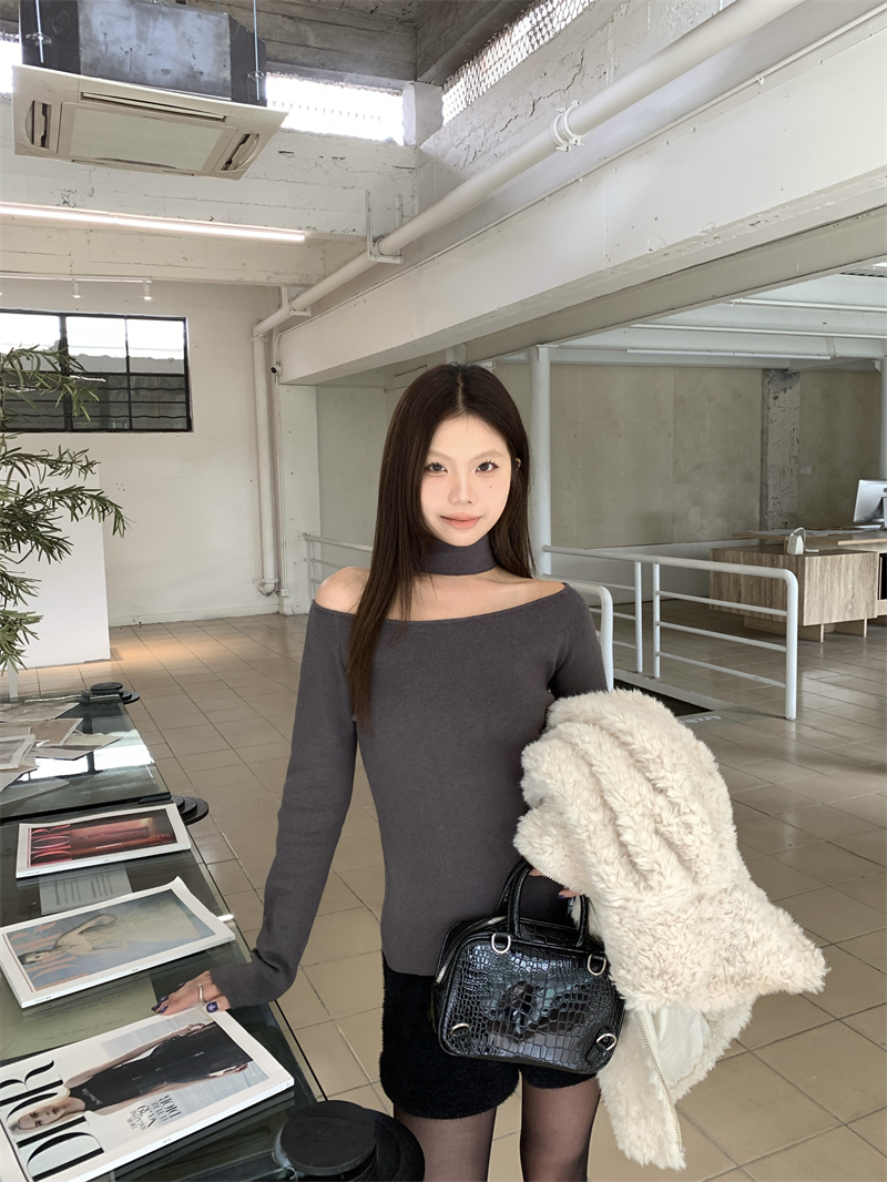 實拍 春季新款時尚氣質修身一字肩掛脖針織上衣