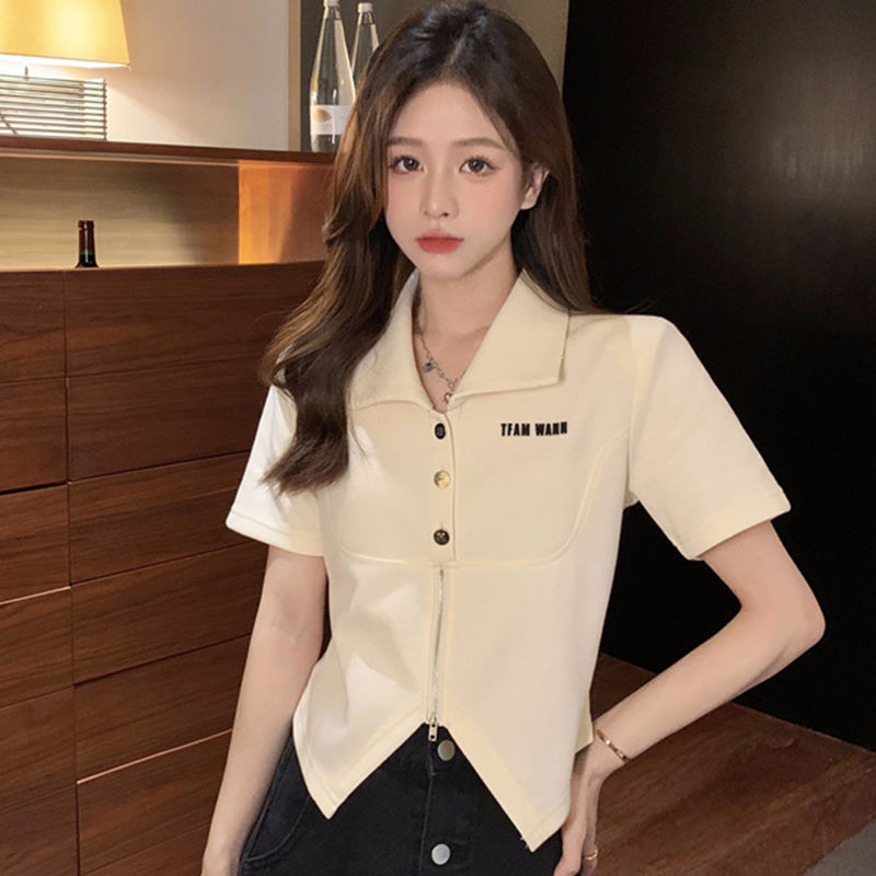 官圖2024夏季新款短袖襯衣女設計感小眾辣妹polo領T恤女