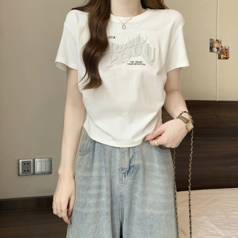 實拍  40支純棉 2024夏裝發泡印花設計感小眾短袖T恤女