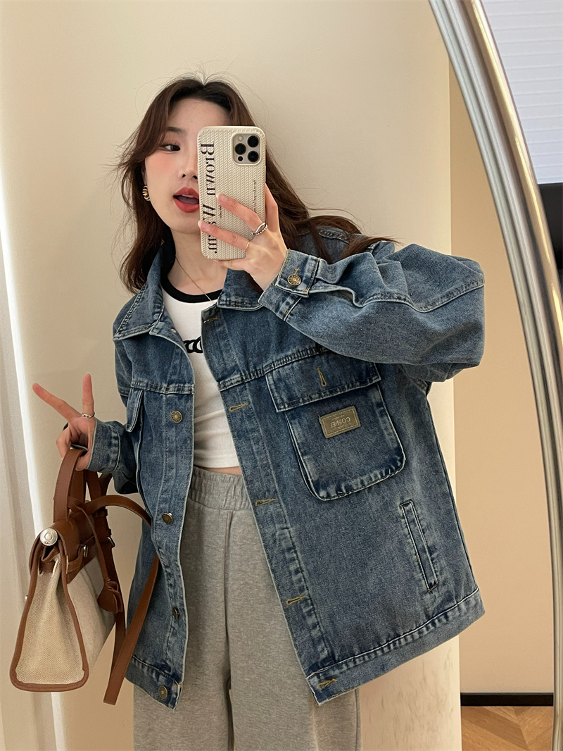 牛仔外套女春秋裝新款潮韓版寬鬆學生百搭大口袋工裝上衣