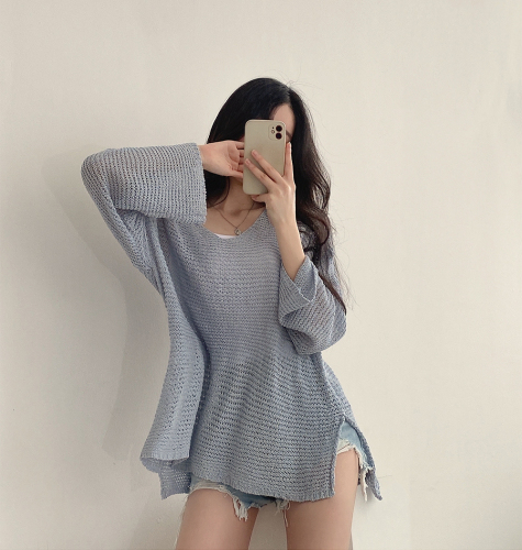 Slightly fat plus size ins style loose V-neck hollow solid color short front and long back hem slit sunscreen ice silk sweater
