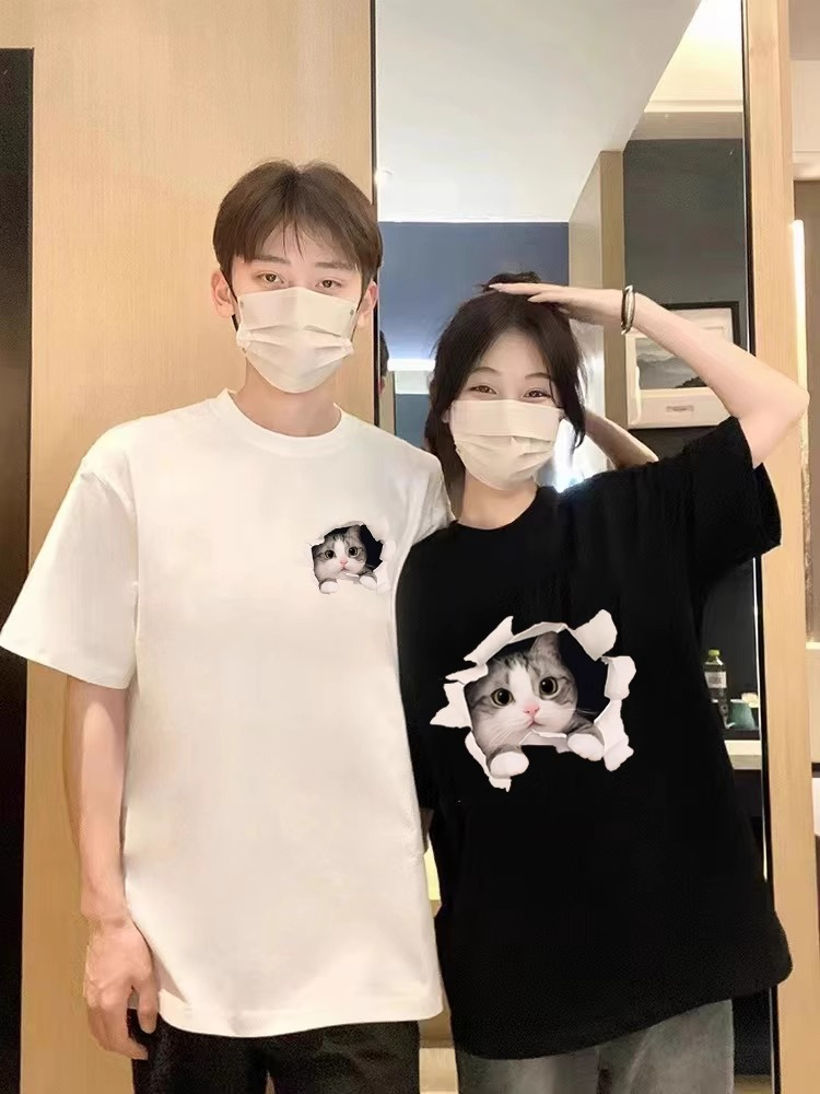 roora情侶裝夏裝2024新款短袖T恤一男一女高級感特別的小香風套裝