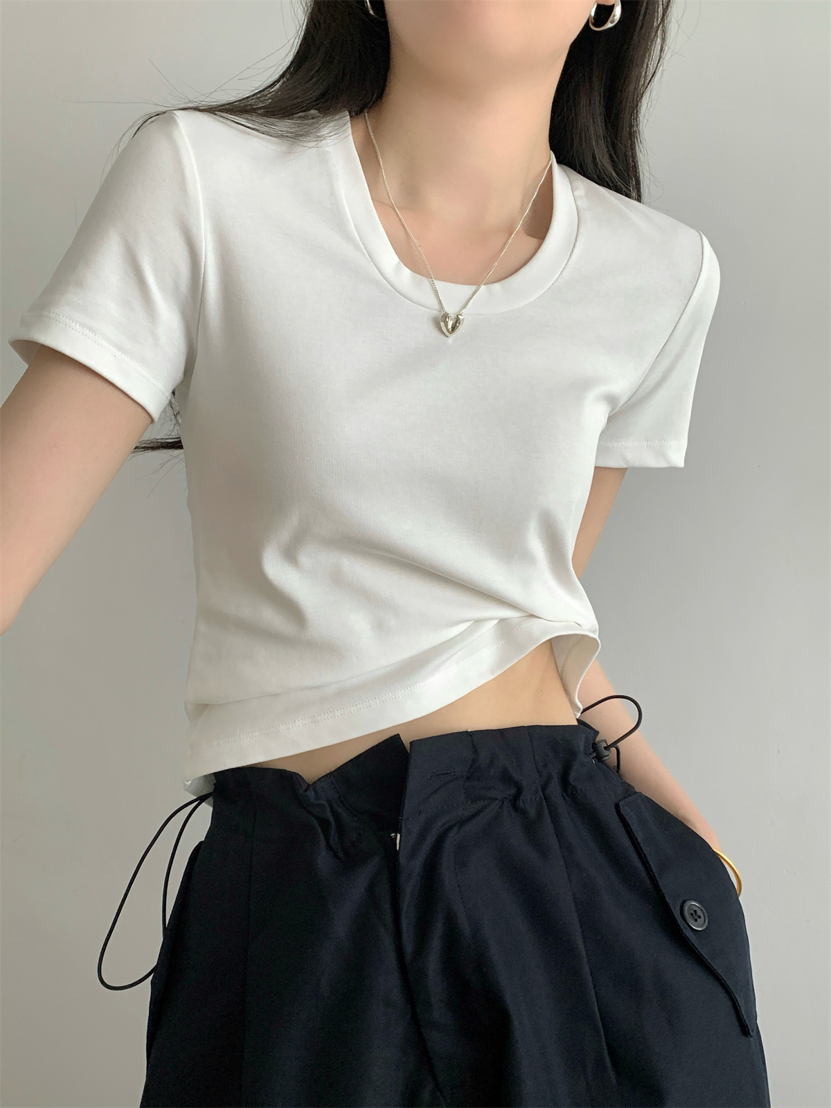 實拍 春夏韓版氣質U領基礎純色百搭短袖純棉T恤上衣女