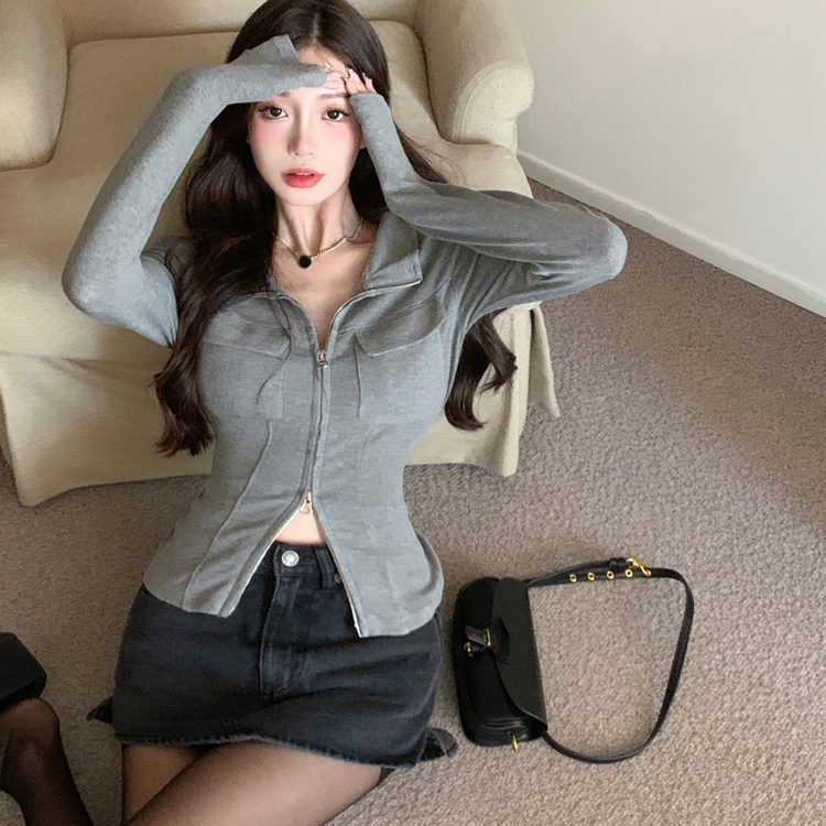 灰色辣妹短款t恤女裝ins潮春季新款拉鏈氣質修身顯瘦長袖上衣