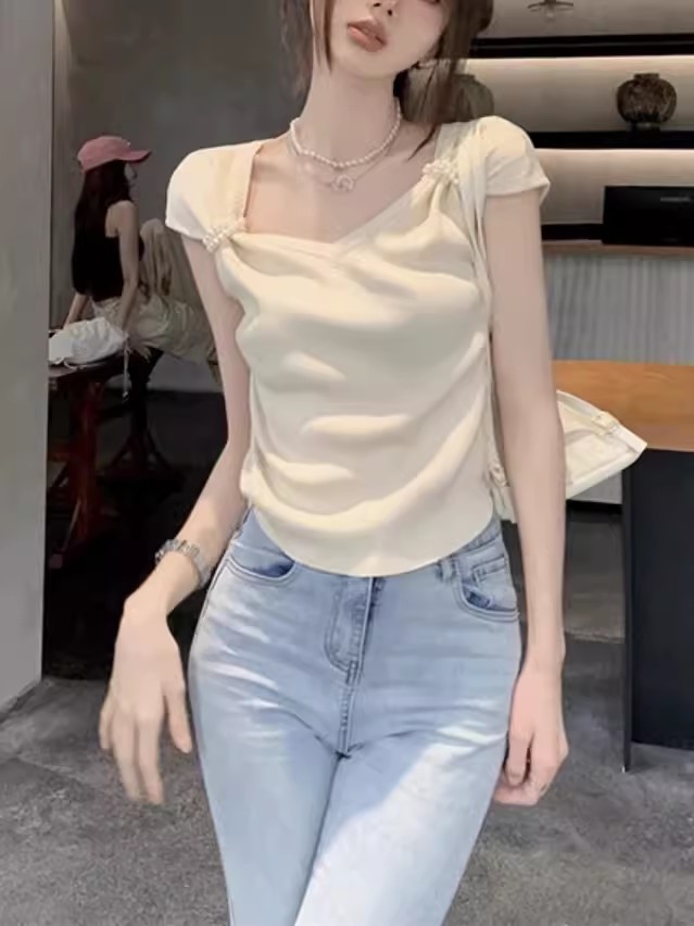 溫柔韓版方領針織無袖t恤女2024夏新款不規則褶皺珍珠高腰短上衣