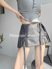 Jennie's same style college style sexy high-waisted drawstring skirt for women with zipper slit pure lust style A-line skirt