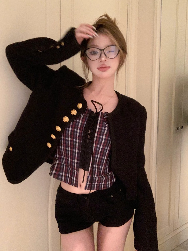 Actual shot Korean style slimming short style long-sleeved jacket versatile and fashionable black cardigan top