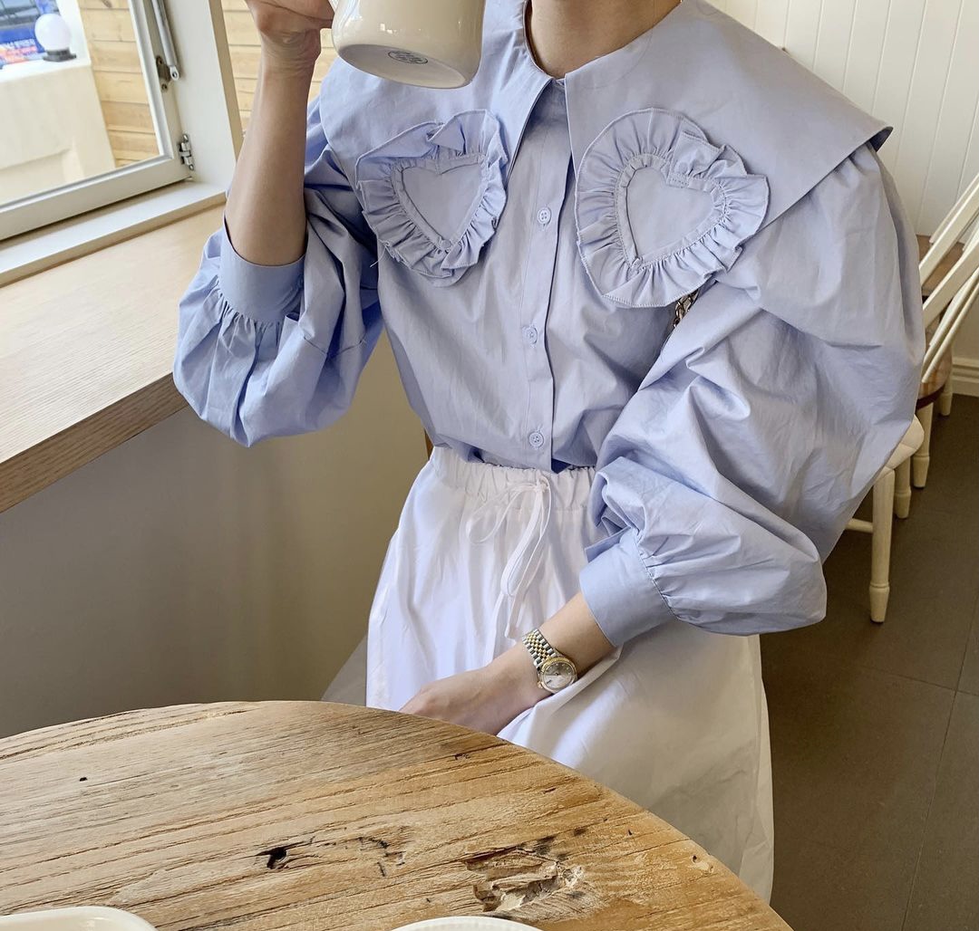 ！韓國chic 重工減齡少女心愛心娃娃領襯衫泡泡袖襯衫