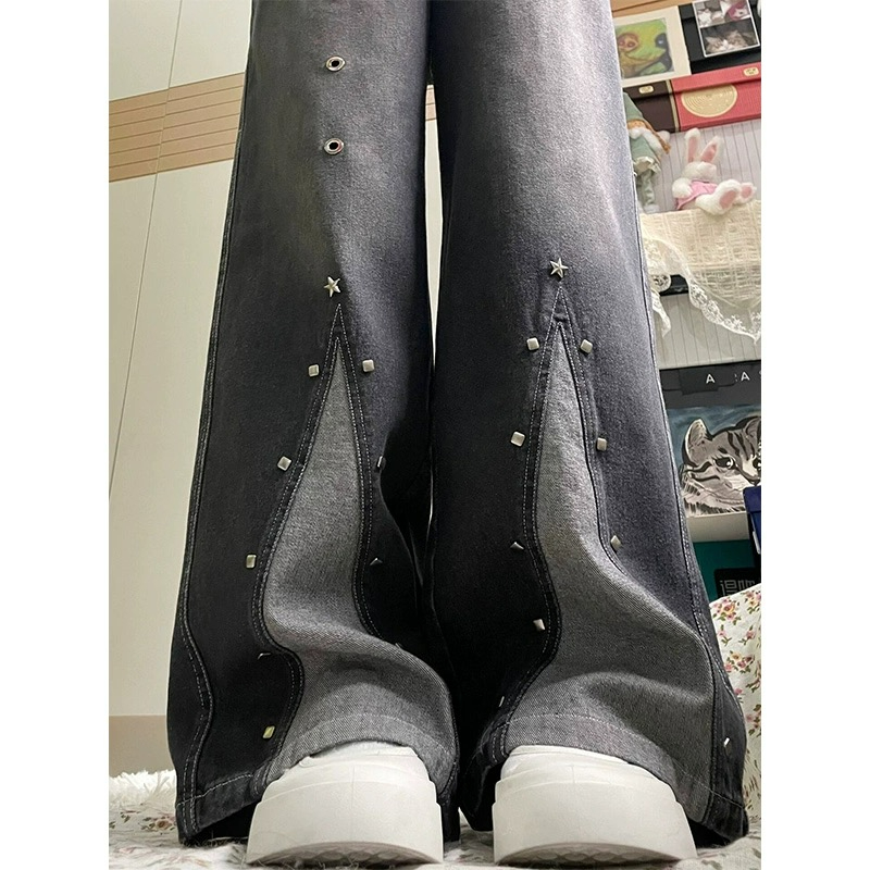 美式復古拼接設計牛仔褲女高街潮牌小個子寬鬆闊腿微喇直筒褲簡約