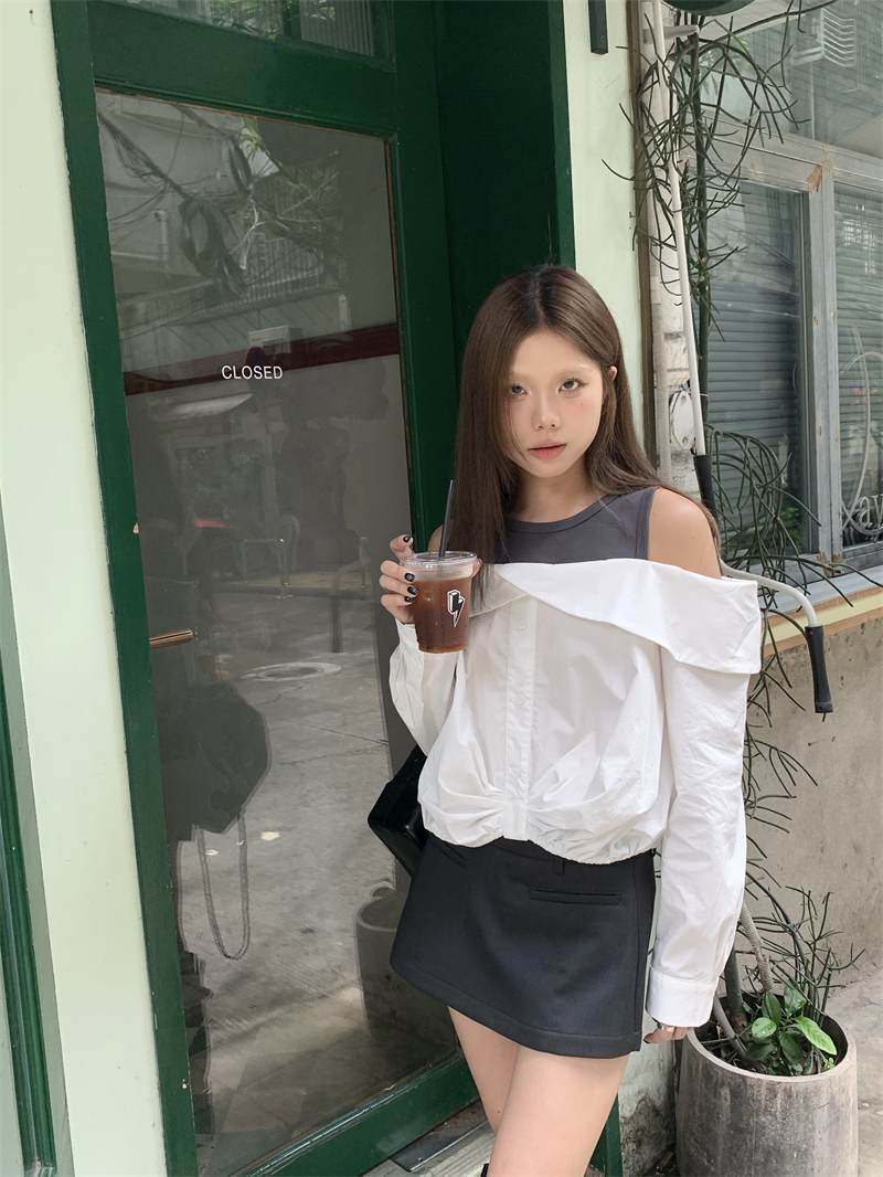 實拍 2024新款假兩件露肩襯衫韓版休閒時尚上衣女
