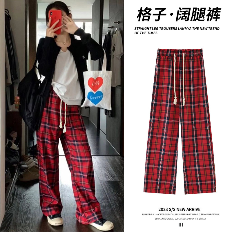 TR原布料拖地抽繩紅色格子休閒褲女秋復古寬鬆直筒闊腿褲褲子