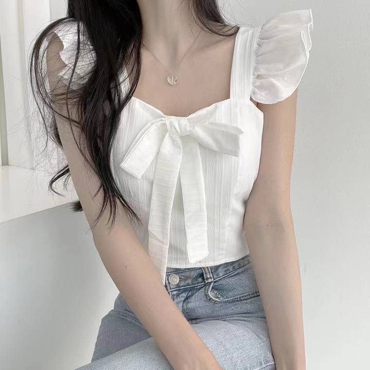 法式小心機短款韓版甜美設計感荷葉邊蝴蝶結系帶一體式吊帶背心