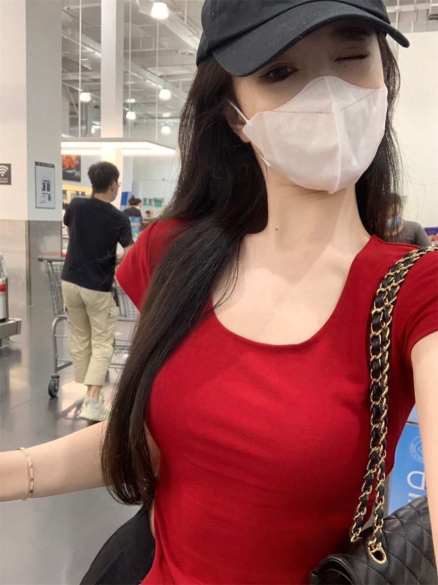 方領短款修身t恤不規則辣妹開叉短袖
