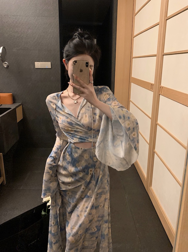 實拍 韓版修身顯瘦中長款收腰系帶開叉純欲藍色碎花連衣裙