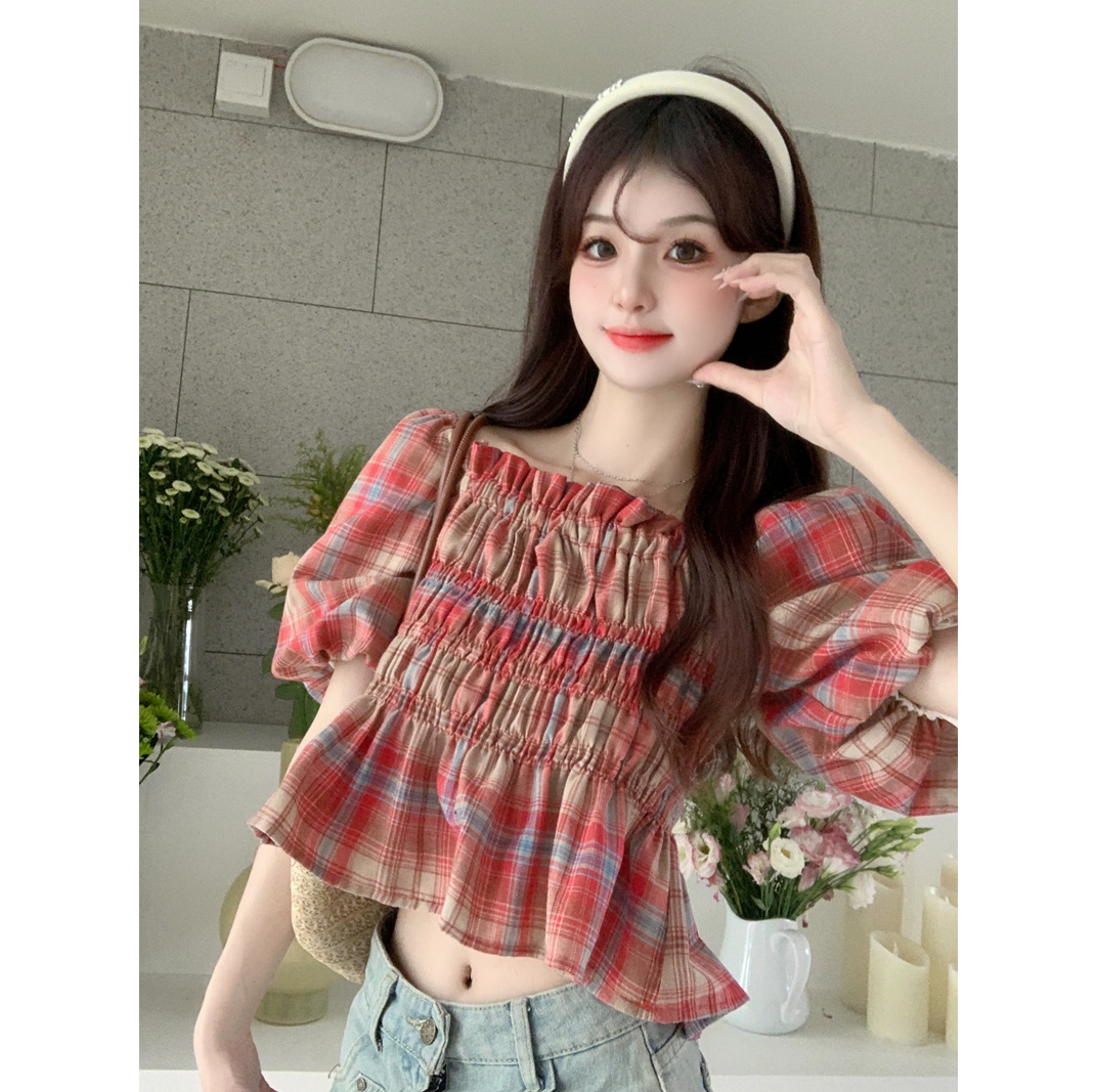 實拍#短款短袖襯衫女裝夏季辣妹設計感小眾法式別致泡泡袖上衣