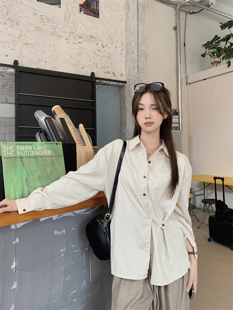實拍 春季韓系設計感不規則磨毛條紋寬鬆斜綁襯衫長袖上衣女