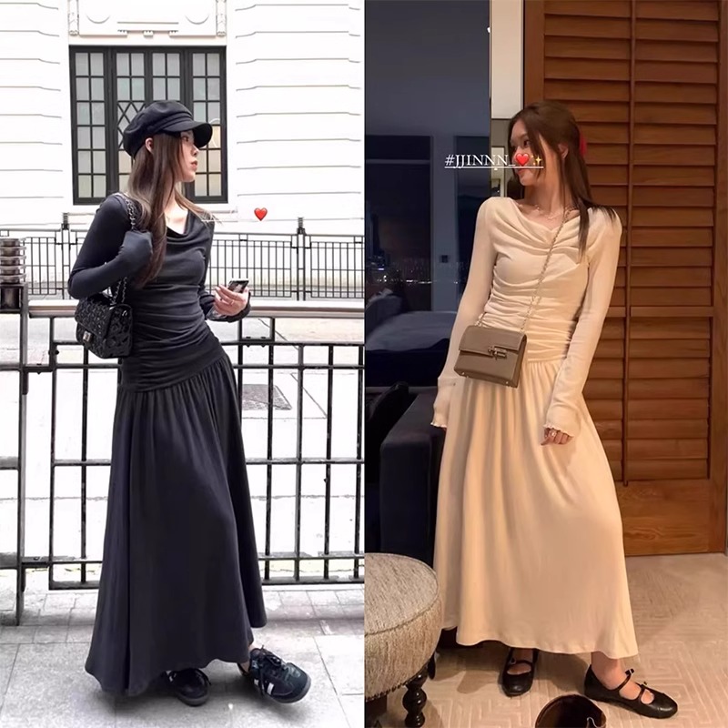 HEYGIRL黑哥 納斯女神 盪領褶皺法式收腰連衣裙長袖內搭長裙女春