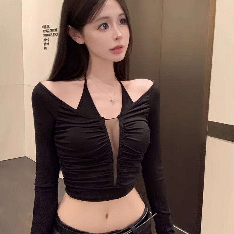欲辣妹V領露肩掛脖上衣春秋女性感網紗拼接夜店風T恤