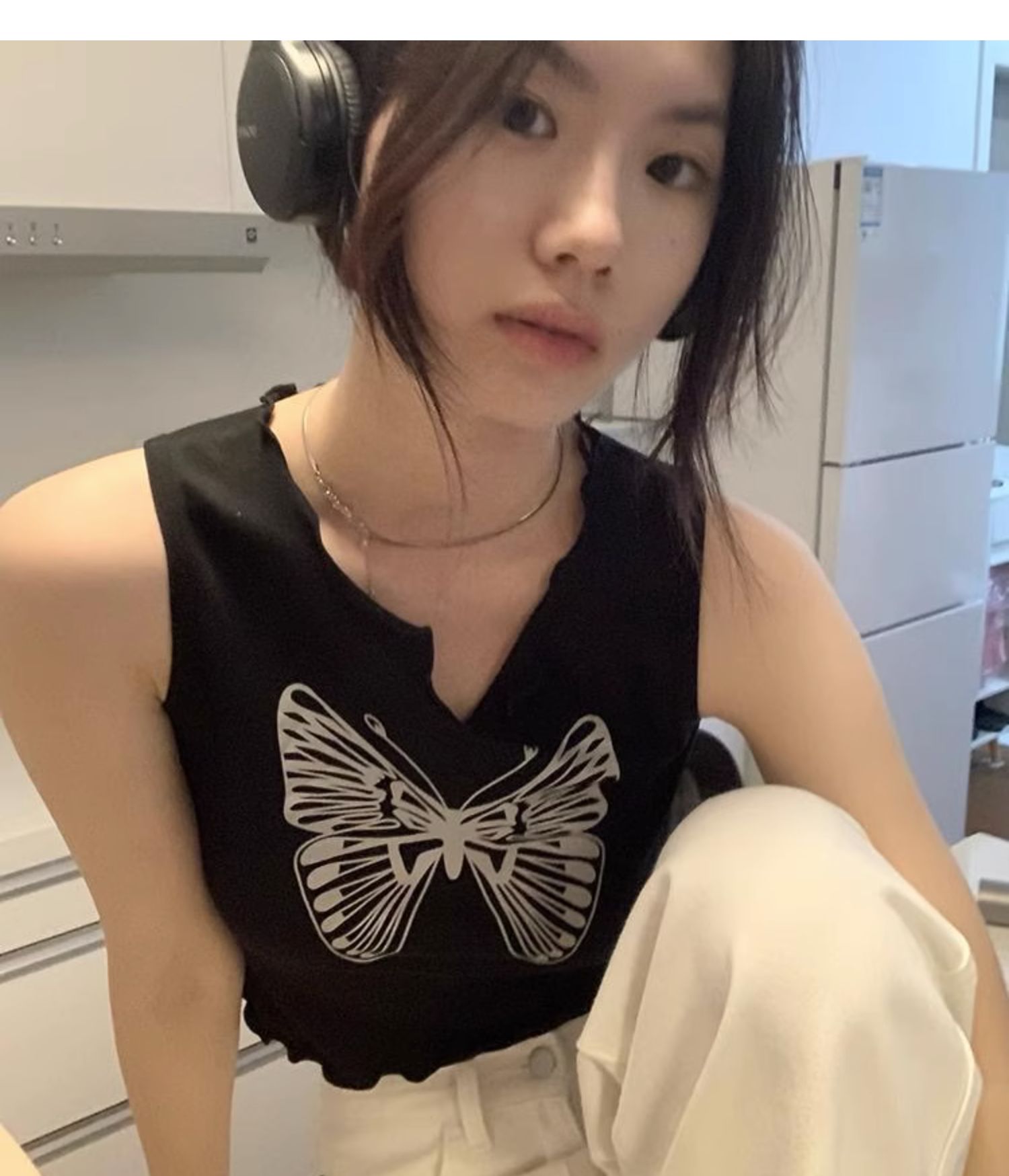 已出貨 蝴蝶印花吊帶背心女露臍短款ins上衣潮百搭背心吊帶半開領